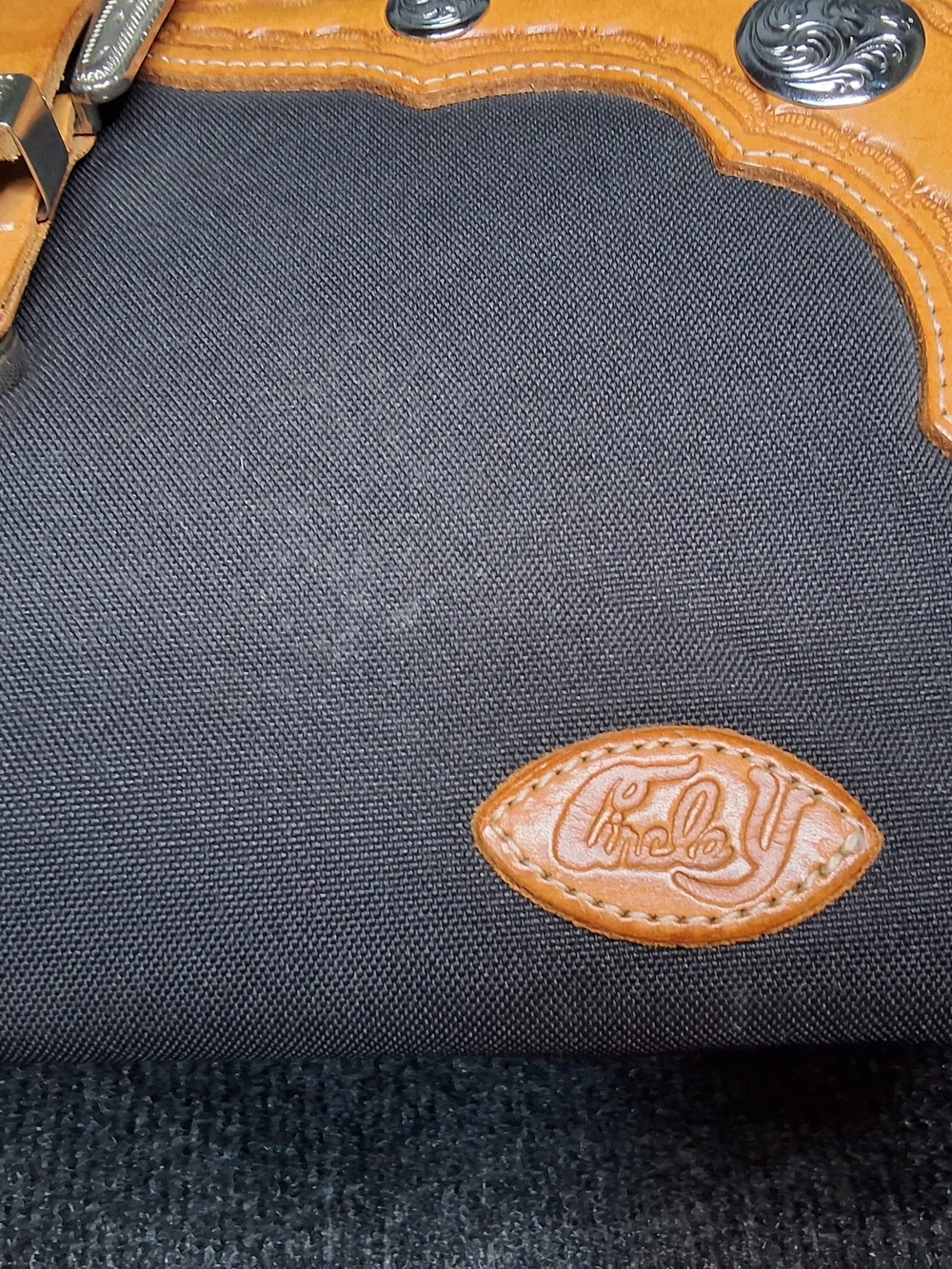 Tan and Black Leather Accent Satchel Handbag